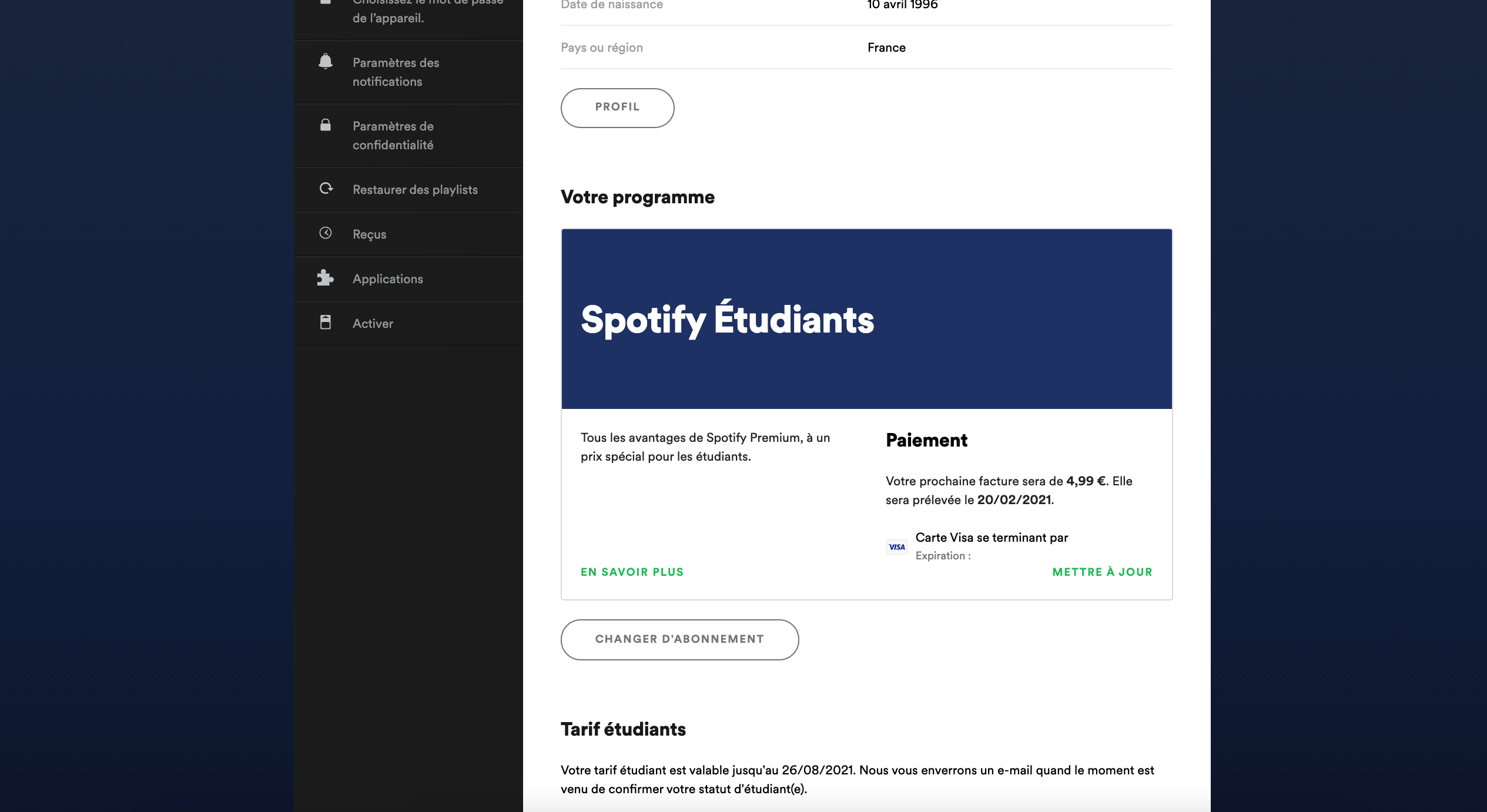 Résiliation Spotify Etape 1: Clic sur changer abonnement